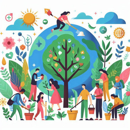 Flat design vector illustration concept of Earth Day. Group of diverse people planting trees.のイラスト素材