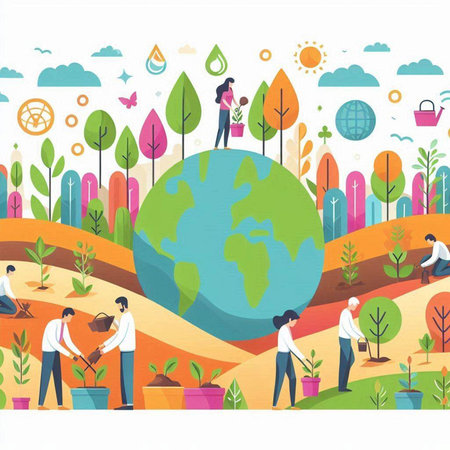 Save the planet vector illustration. Flat design of people working in the gardenのイラスト素材