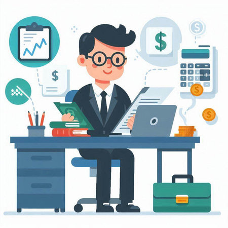 Businessman in suit and glasses sitting at the office desk with laptop. Vector illustration.のイラスト素材