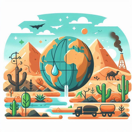 Vector illustration of the planet earth, mountains, river, clouds and birds.のイラスト素材