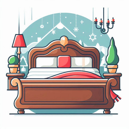 Vector illustration of a cozy bedroom with a double bed and a lamp.のイラスト素材