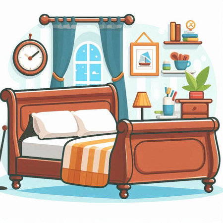 Bedroom interior with furniture and accessories. Vector illustration in cartoon styleのイラスト素材