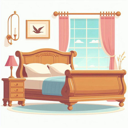 Bedroom interior with bed, lamp, curtains, window, curtains. Vector illustrationのイラスト素材