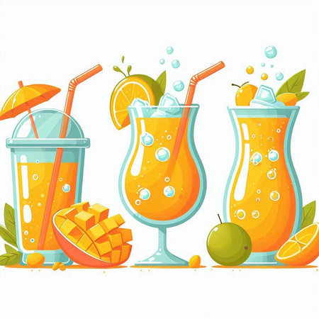 Cocktails with orange, lime and mango. Vector illustration.のイラスト素材