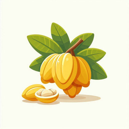Ripe and juicy carambola fruit with leaves. Vector illustration.のイラスト素材
