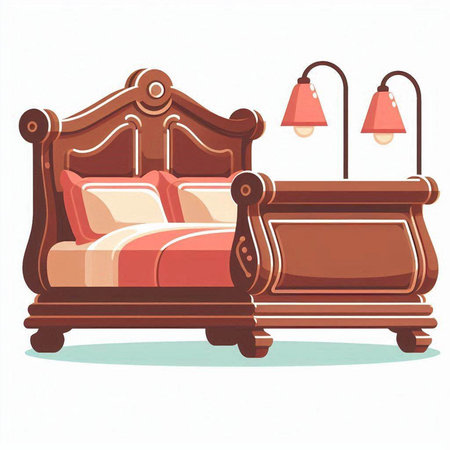 Vector illustration of a classic bed with pillows and a lamp.のイラスト素材