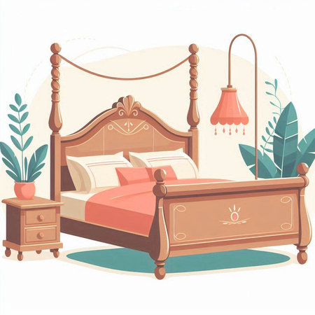 Bedroom interior with bed, lamp and plant. Vector illustration.のイラスト素材