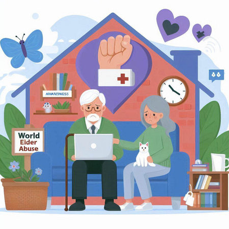 Elderly couple sitting at home and using laptop, vector illustrationのイラスト素材