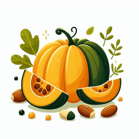 Pumpkin with leaves and seeds. Vector illustration isolated on white background.のイラスト素材