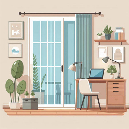 Interior of home office with furniture and window. Vector illustration.のイラスト素材