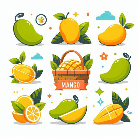 Mango fruit icon set with basket and fruits. Vector illustration.のイラスト素材