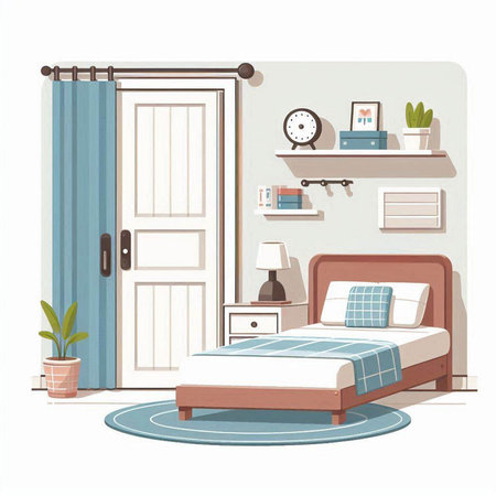 Interior of a bedroom with a bed and a wardrobe. Vector illustrationのイラスト素材
