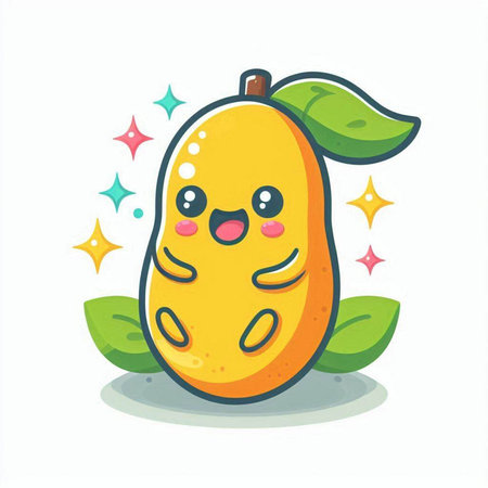 Kawaii mango fruit character on white background. Vector illustration.のイラスト素材