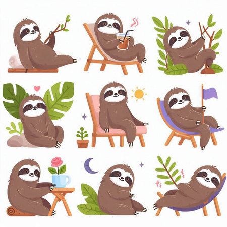 Cute sloth cartoon character set. Vector illustration isolated on white background.のイラスト素材