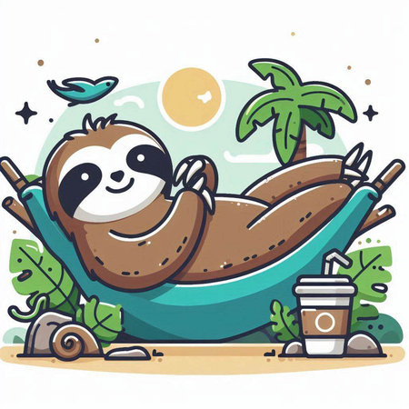 Cute cartoon sloth in hammock on the beach. Vector illustration.のイラスト素材