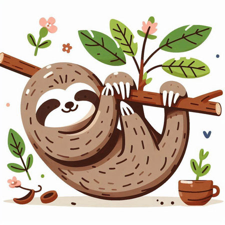 Cute cartoon sloth hanging on tree branch. Vector illustration.のイラスト素材