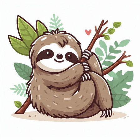 Cute cartoon sloth sitting on tree branch. Vector illustration.のイラスト素材