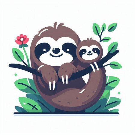 Cute cartoon sloth family on the tree. Vector illustration.のイラスト素材
