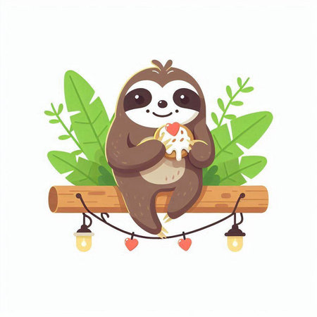 Cute sloth sitting on a wooden bridge. Vector illustration.のイラスト素材