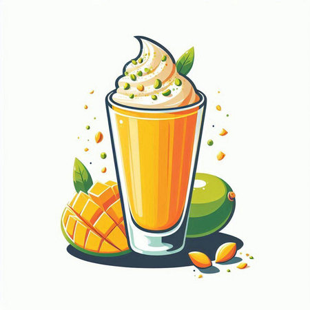 Mango smoothie with whipped cream and fresh mango fruits, vector illustrationのイラスト素材