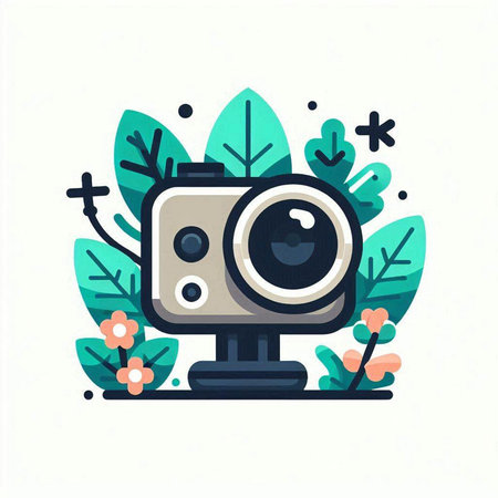 Vintage retro camera with green leaves and flowers. Vector illustration.のイラスト素材