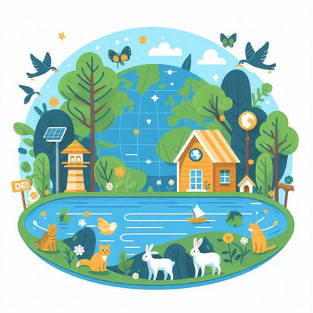 Vector illustration of a country landscape with houses, trees, birds and animals.のイラスト素材
