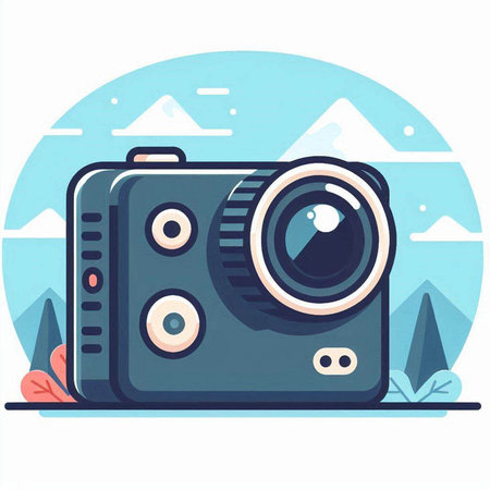 Retro camera on a background of mountains and sky. Vector illustrationのイラスト素材