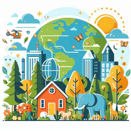 Vector illustration of eco friendly city with trees, houses and animals.のイラスト素材