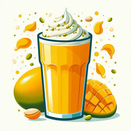 Mango smoothie with whipped cream and fresh mango fruit. Vector illustration.のイラスト素材