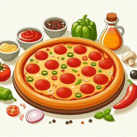 Vector illustration of pizza with pepperoni, tomatoes, mushrooms, olives and sauceのイラスト素材