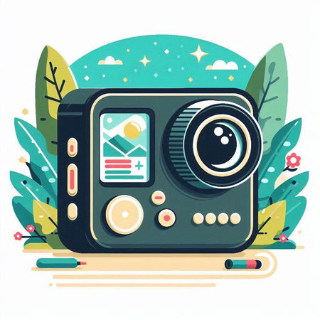 Retro camera on the background of nature. Flat vector illustration.のイラスト素材