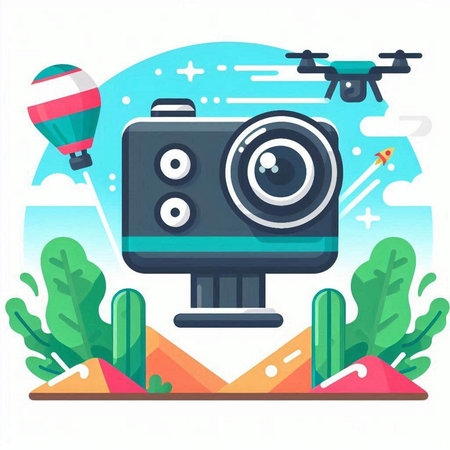Vector flat style illustration of video camera on the background of landscape.のイラスト素材