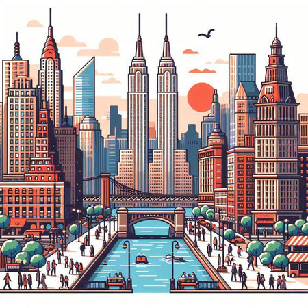 New York City skyline with skyscrapers and river. Hand drawn vector illustration.のイラスト素材