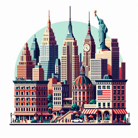New York City skyline in vintage style. Hand drawn vector illustration.のイラスト素材