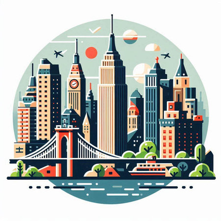 New York City skyline in round shape. Vector illustration in flat style.のイラスト素材
