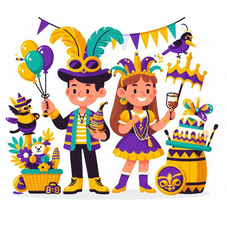 Cute cartoon kids with carnival costumes and accessories. Vector illustrationのイラスト素材