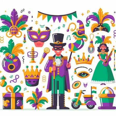 Mardi Gras party vector illustration in flat style with carnival symbols, masks, feathers and accessories.のイラスト素材