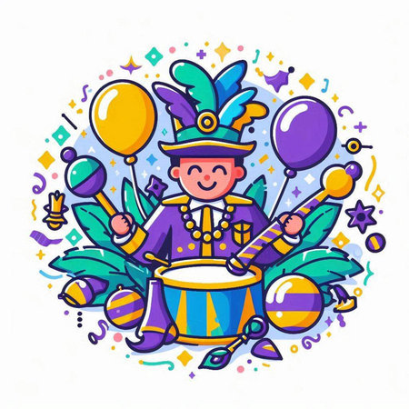 Carnival vector illustration. Cute cartoon clown with drum, balloons and confetti.のイラスト素材
