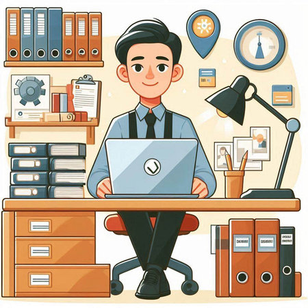 Businessman working at his desk. Vector illustration in cartoon style.のイラスト素材