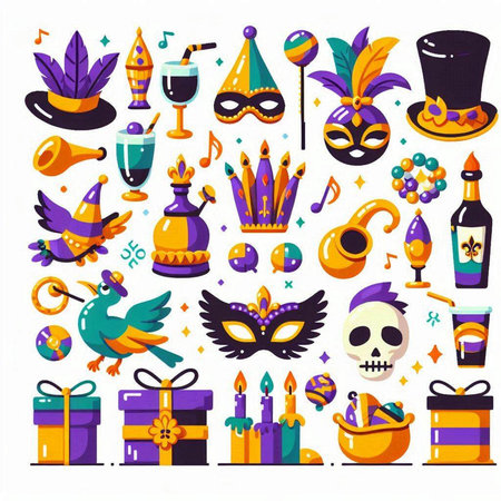 Mardi Gras Party Icons Set. Vector Illustration.のイラスト素材