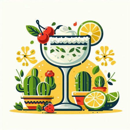 Cocktail with lime, ice and cactuses. Vector illustration.のイラスト素材
