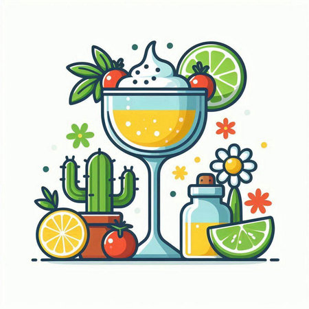 Cocktail in a glass with fruits and flowers. Vector illustration.のイラスト素材