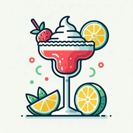 Cocktail with ice cream, lemon and strawberry. Vector illustration.のイラスト素材