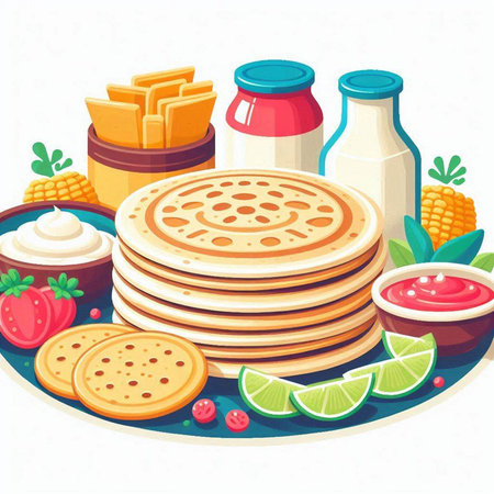 Vector illustration of a stack of pancakes with sour cream, sour cream, ketchupnnaise, lime, cheese, crackers and vegetables on a light background.のイラスト素材
