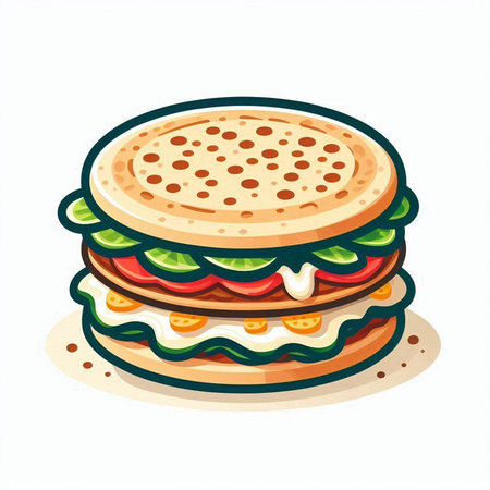 Vector illustration of a hamburger with lettuce, tomato and cheese.のイラスト素材