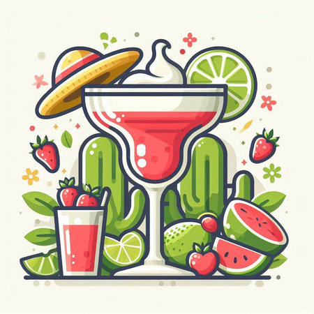 Cocktail with strawberry, lime and watermelon. Vector illustration.のイラスト素材