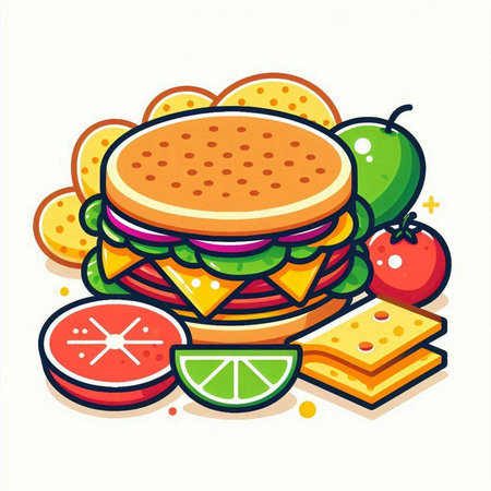 Vector illustration of fast food, hamburger, sandwich with cheese, tomato, cucumber, onion, lettuce, tomato, lime, tomato.のイラスト素材