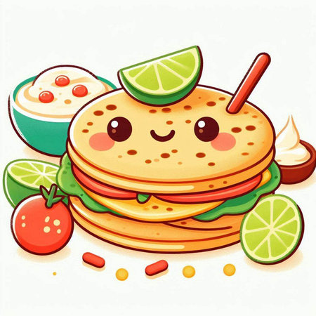 Illustration of Cute Pancakes with Lime and Salsa Sauceのイラスト素材