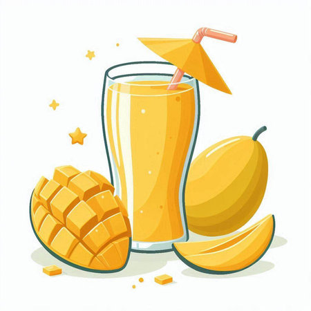 Mango smoothie in a glass and mango slices, vector illustrationのイラスト素材