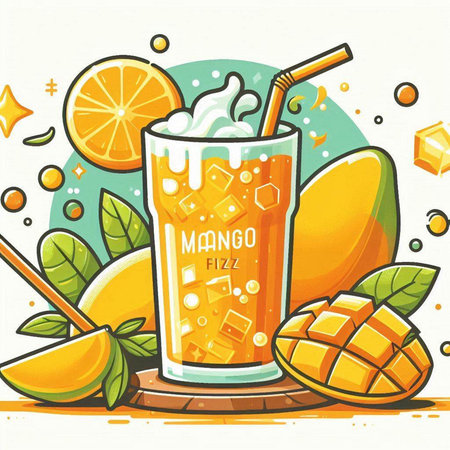 Mango juice in a glass with ice cubes and slices of mango. Vector illustration.のイラスト素材